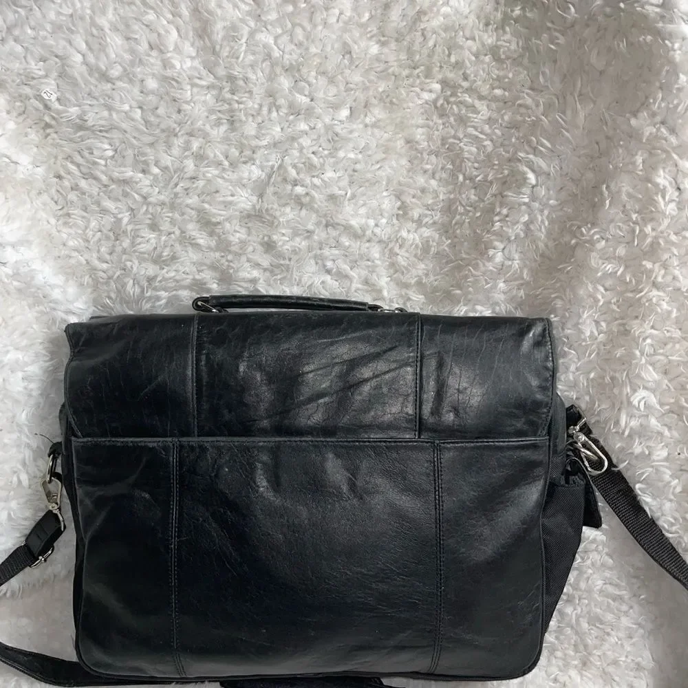 Wilson leather Black Leather Briefcase laptop Nylon side silver tone hardwares.